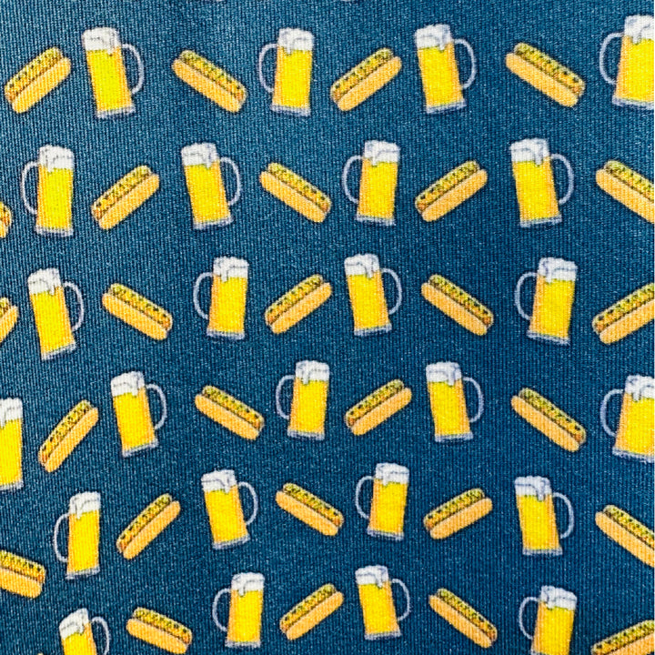 Close up of Simply Southern Beer and Hot Dog Polo print