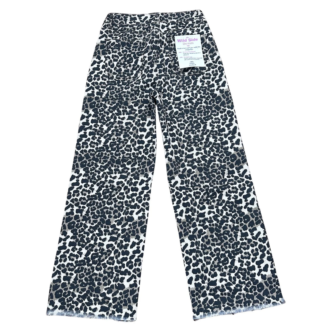 Back of Simply Southern Leopard Print Denim Jeans. Straight leg with stretchy beige, black and cream animal print fabric