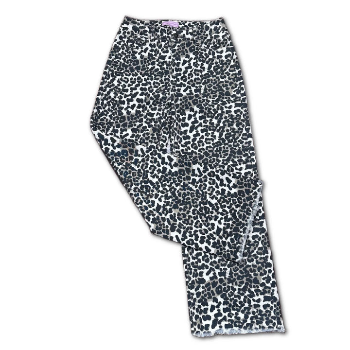 Simply Southern Black, Tan, Cream Leopard Print pants with straight leg and fringe hem