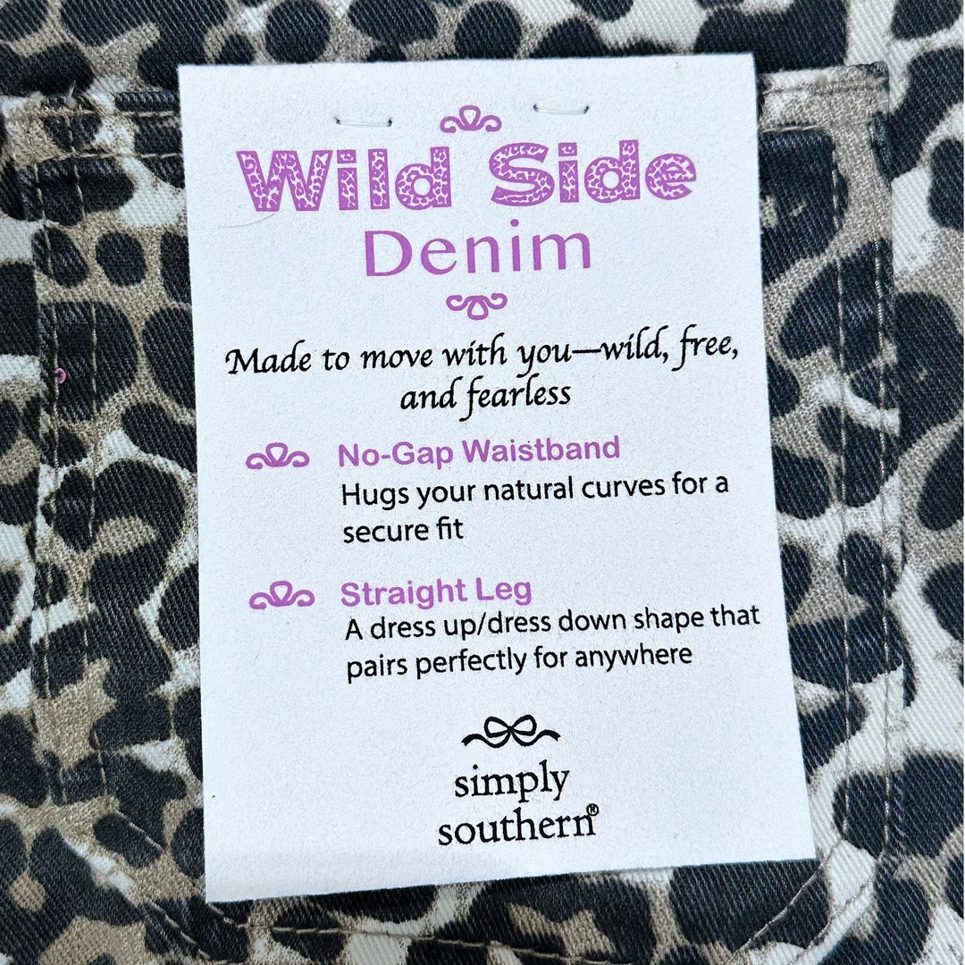 Close up of tag on back of Simply Southern Leopard Print denim jeans 