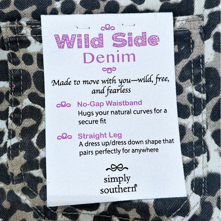 Close up of tag on back of Simply Southern Leopard Print denim jeans 