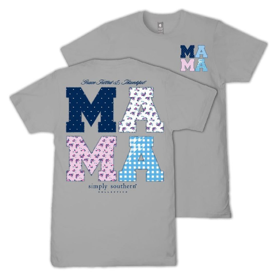 Quilted patchwork MAMA graphic on short sleeve Simply Southern women's crew neck tee