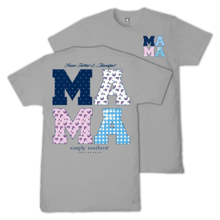 Quilted patchwork MAMA graphic on short sleeve Simply Southern women's crew neck tee
