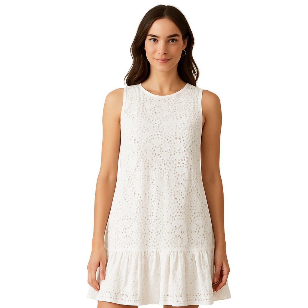 Woman wearing Simply Southern Sunday Afternoon Eyelet Dress on white background
