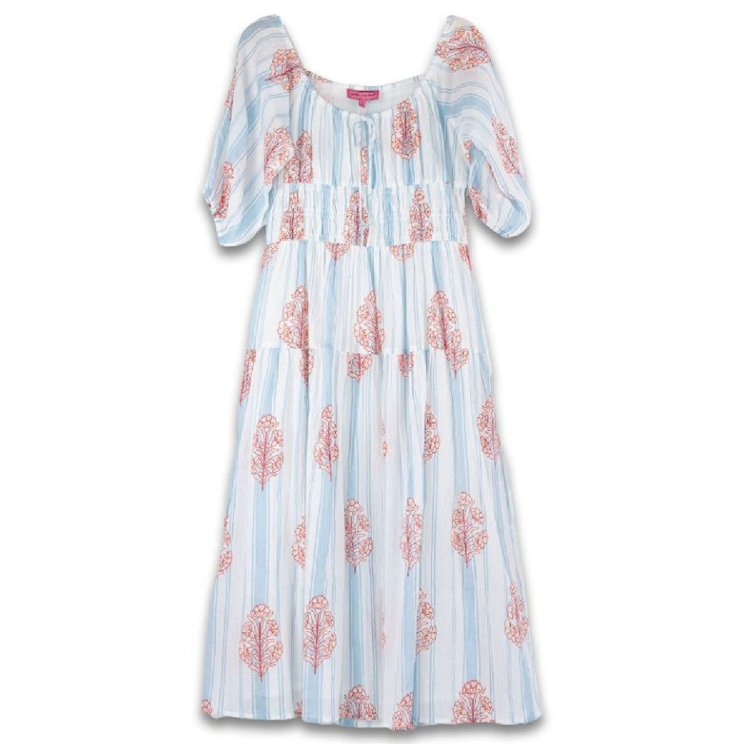 Wedding guest dress floral tiered light blue coral pattern puff sleeves Simply Southern