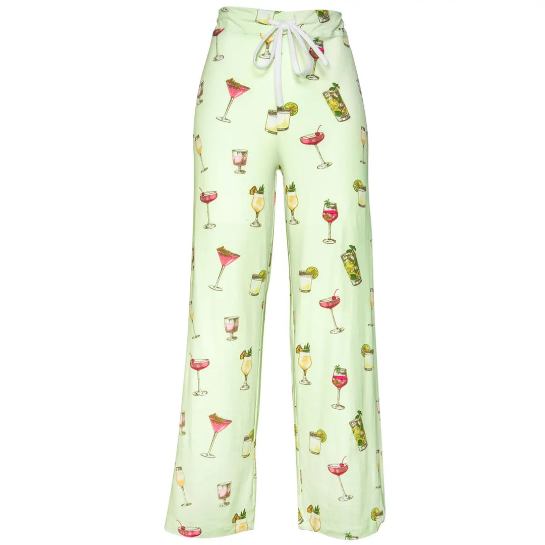 Light green pajama pants with cocktail pattern and drawstring waist