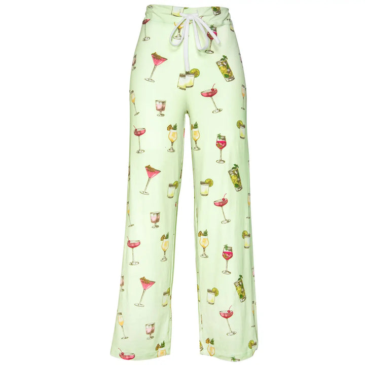 Light green pajama pants with cocktail pattern and drawstring waist