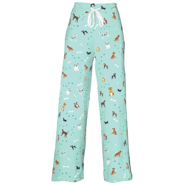 Mint green women's pajama pants with all-over dog breed print, paw prints and bone pattern