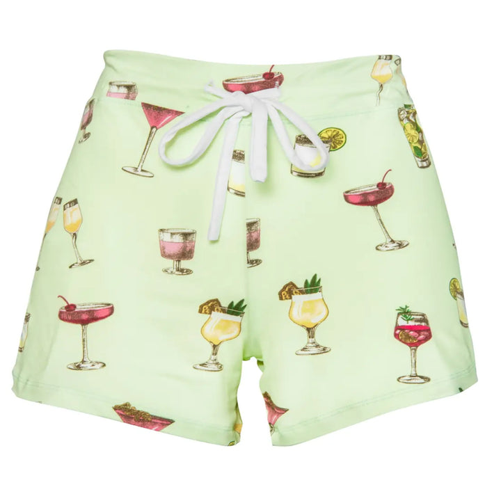 Mint green pajama shorts with colorful cocktail print and drawstring waist