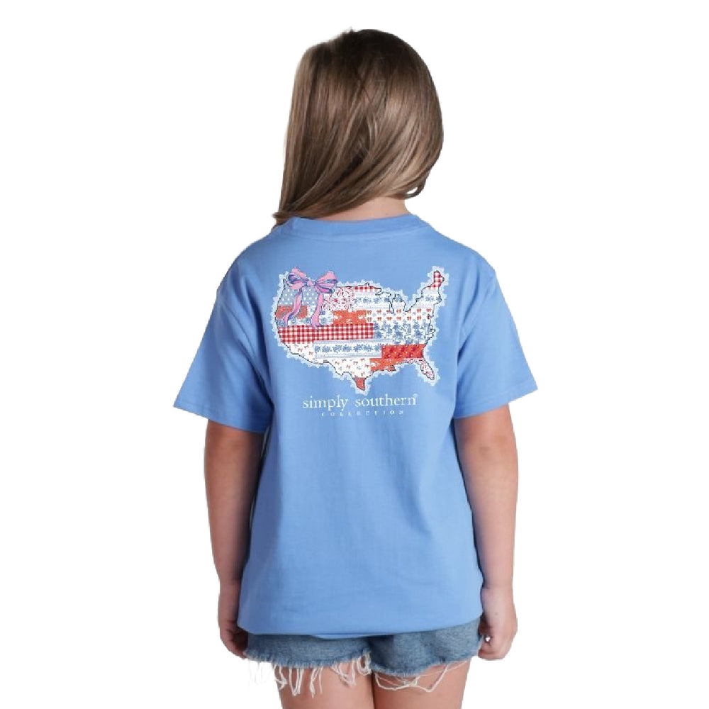 Girl wearing Simply Southern USA map t-shirt with patchwork quilt design