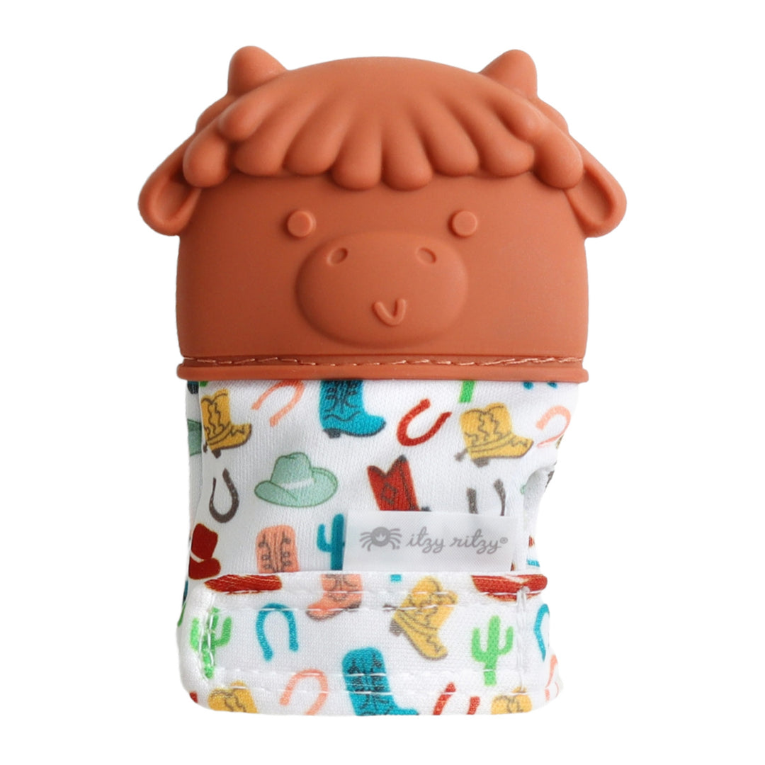 Brown highland cow teething mitten with western print - Itzy Ritzy wearable teether