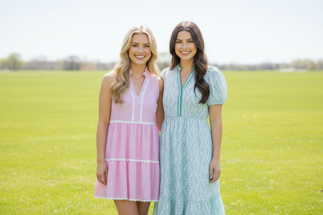 Two women wearing Simply Southern Spring Dresses standing on a grassy field 