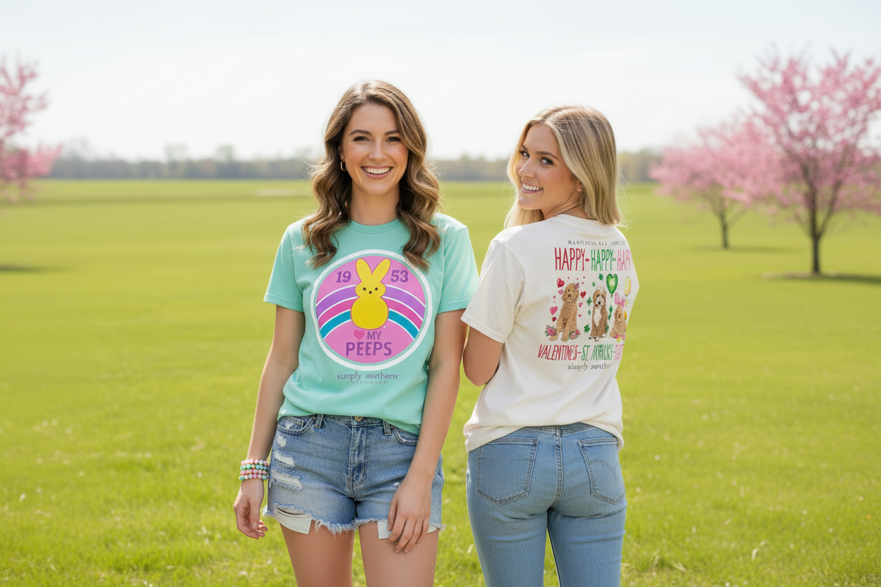 Two women in Simply Southern t-shirts outside