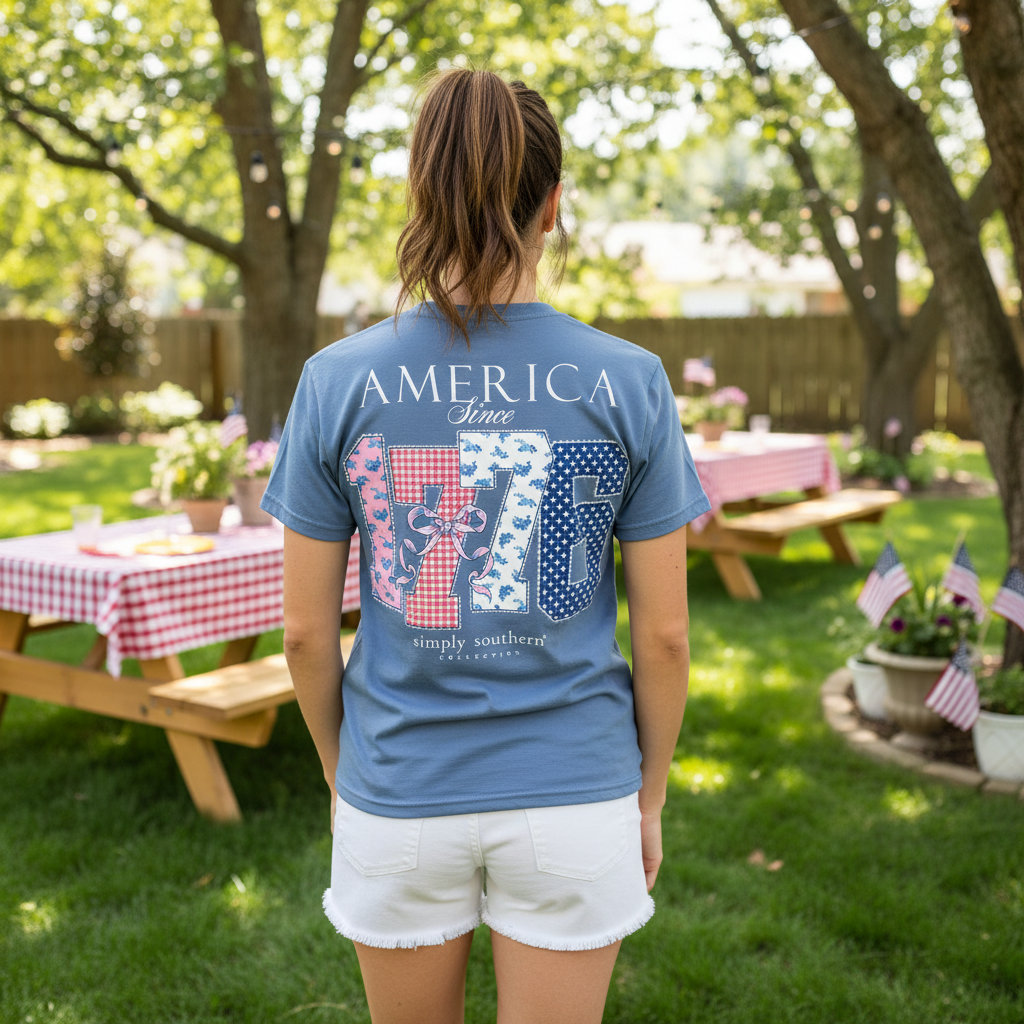 Woman from behind wearing Simply Southern America Since 1776 t-shirt with white shorts at backyard BBQ 