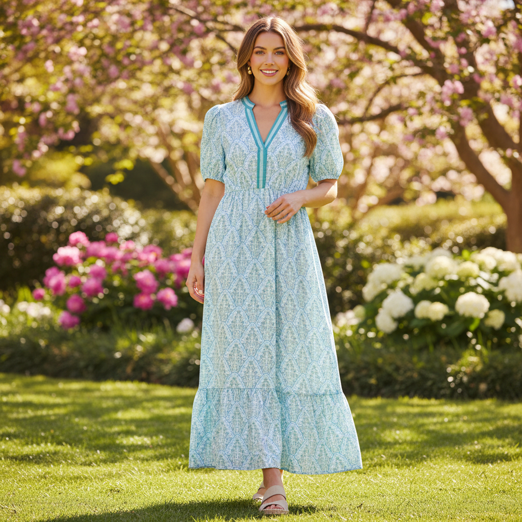 Woman in her 20s wearing Simply Southern Y neck Prim Dress in spring setting