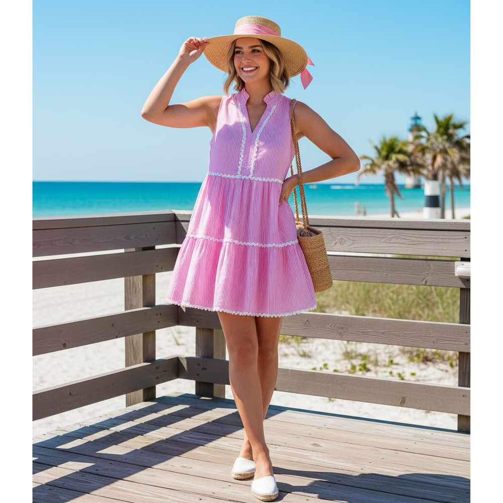 Woman in her 20s wearing Simply Southern pink pinstripe coastal prep dress in summer setting