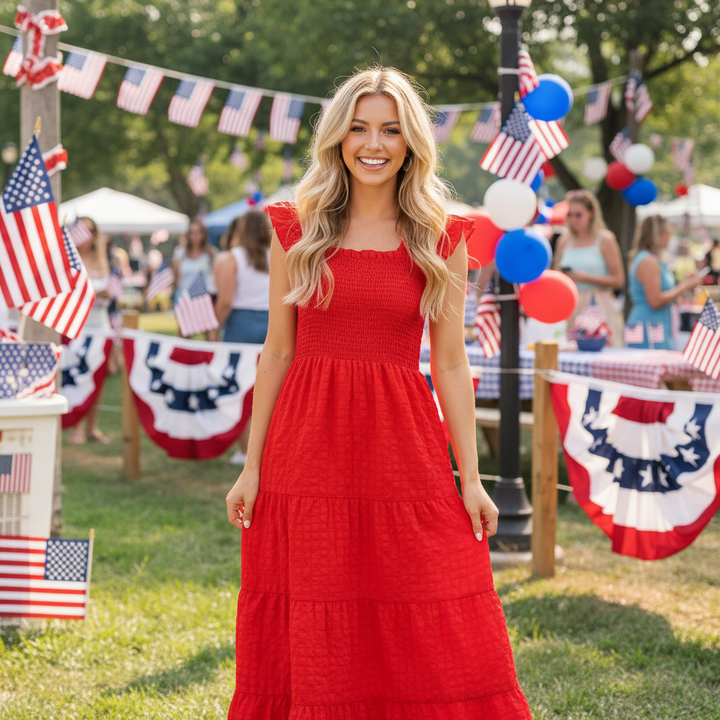 Young woman in red maxi sun dress at patriotic celebration